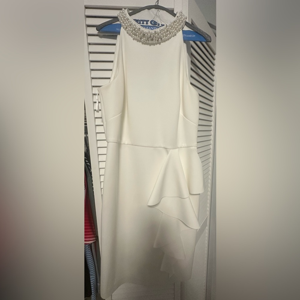 Eliza J White Asymmetrical Dress with Pearl Neckline
